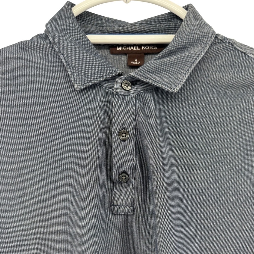 Michael Kors Mens Blue Heathered Polo Shirt Short Sleeve Button Up Size Medium